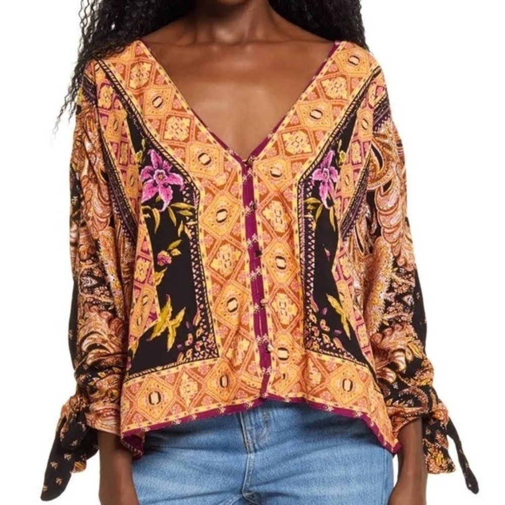 Free People Multicolor V-Neck Blouse